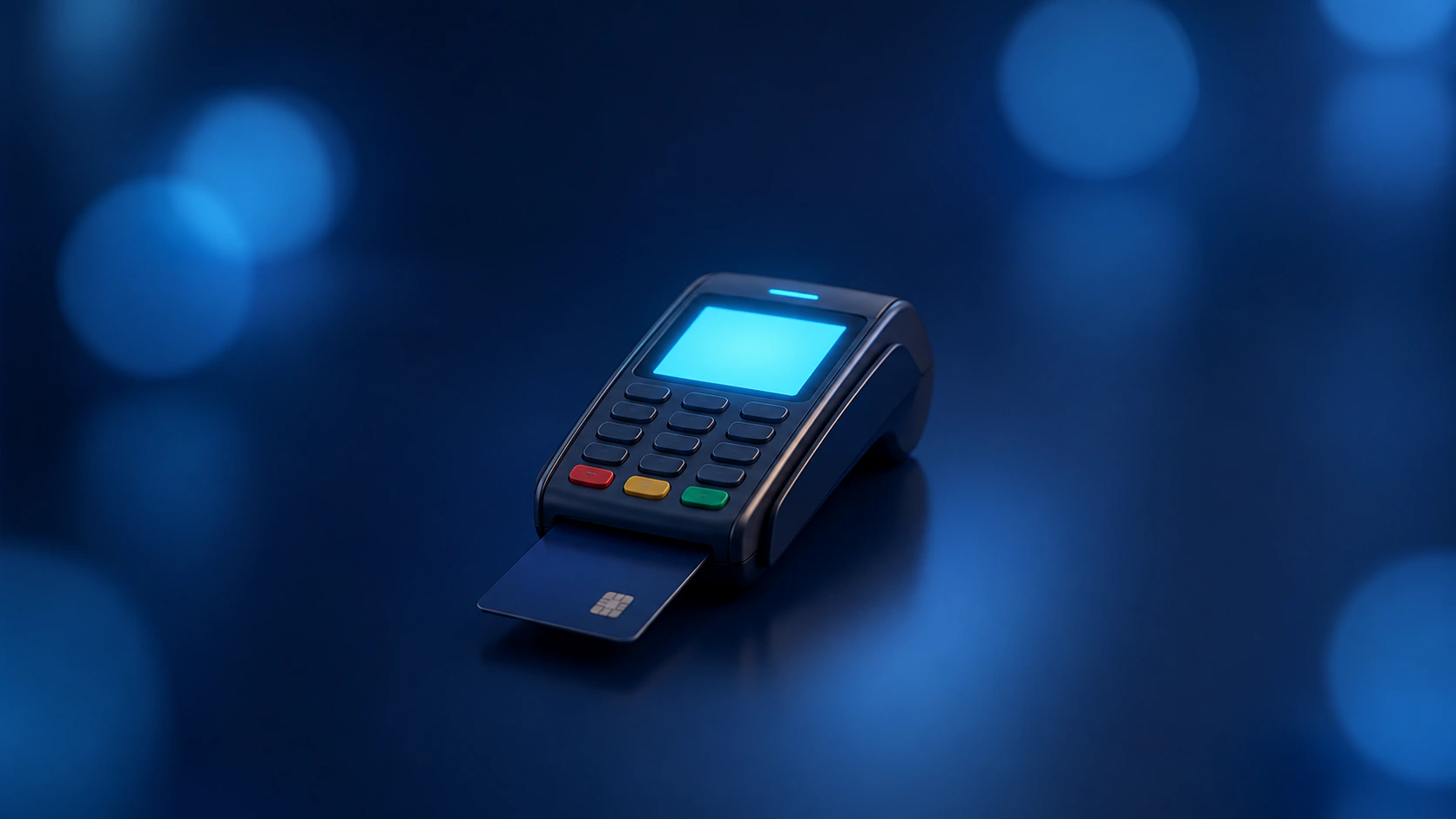 Kartenzahlungsterminal mit eingesteckter Bankkarte.