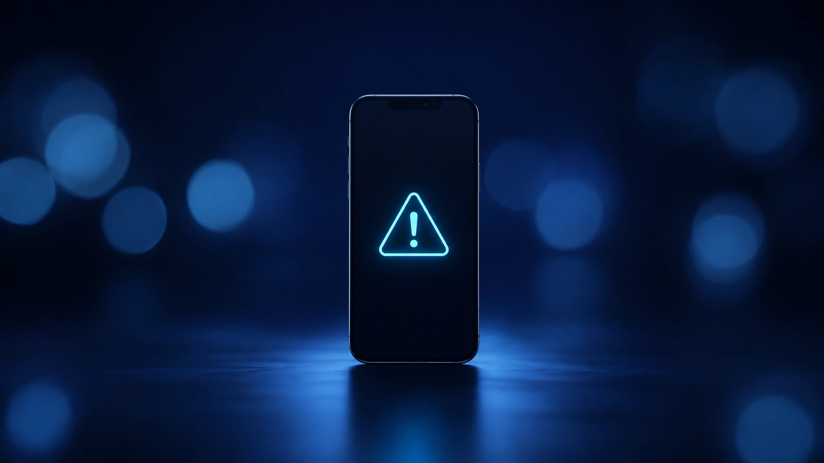 Smartphone mit blau leuchtendem Warndreieck auf dem Display.