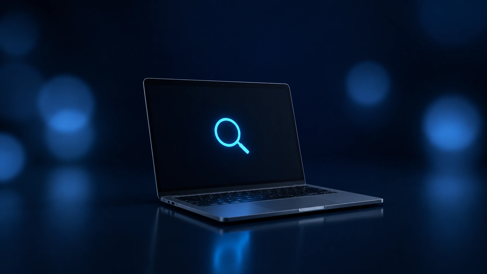 Laptop mit blau leuchtendem Lupensymbol auf dem Bildschirm.