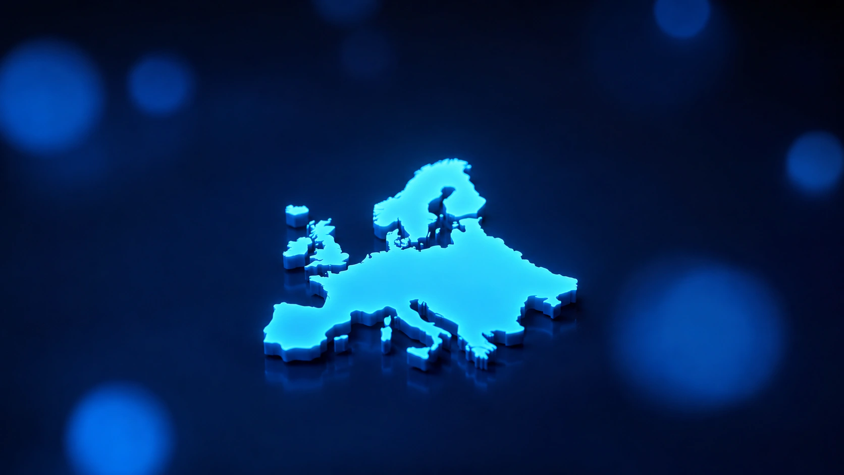 Blau leuchtende Karte Europas auf dunklem Grund.