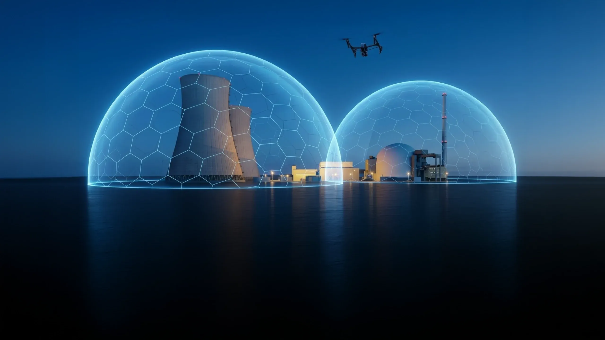 Leuchtende Schutzkuppeln über einem Kraftwerk, darüber eine Drohne - Sinnbild für Drohnenabwehr über kritischer Infrastruktur.